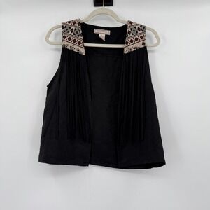 Western Fringe Vest‎ Womens Black Small Boho Festival Embroidered Sleeveless